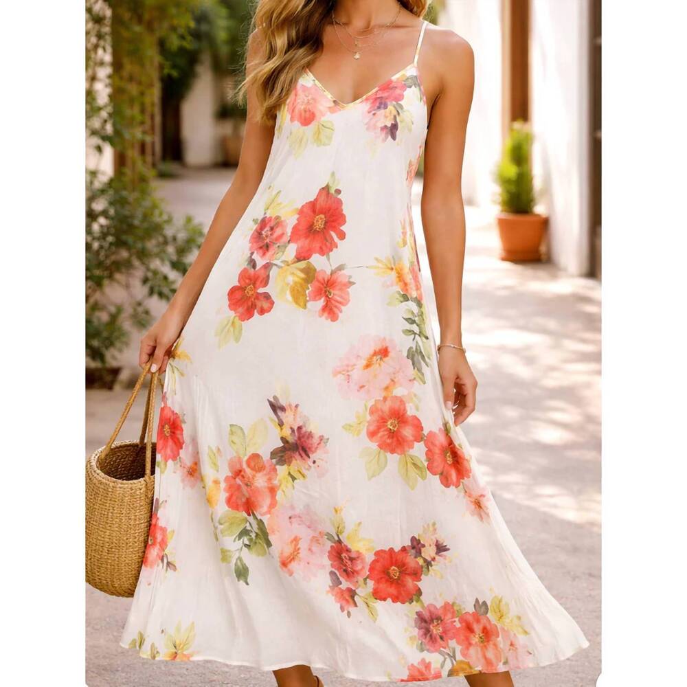 NEW MILIO MILANO floral print v-neck linen dress in red/white